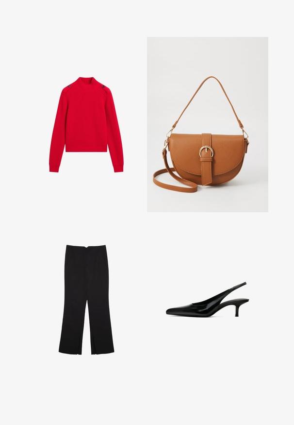 Red ribbed knit sweater featuring a high neck, side buttons, and long sleeves with fitted cuffs. Cropped design.; Black trousers with a straight fit, featuring front pockets and side slits at the hem. Made of soft, smooth fabric. Suitable for various occasions.; Black pointed-toe slingback shoe with a glossy leather finish and a thin, low heel. Features a cutout on the side for breathability.; Brown leather crossbody bag with a curved shape, gold hardware, and a buckle accent. Features a detachable shoulder strap.
