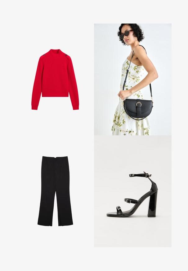 Rode geribbelde gebreide trui met hoge hals, zijknopen en lange mouwen met aansluitende manchetten. Verkorte ontwerp.; Zwarte broek met een rechte pasvorm, voorzien van zijzakken en plooien aan de onderzijde. Gemaakt van zachte, gladde stof. Geschikt voor verschillende gelegenheden.; Zwarte gepatenteerde sandalen met hak en een vierkante neus, enkelbandjes en zilveren gespen. Heeft een stevige blokhak voor stabiliteit.; Zwarte leren handtas met een gebogen vorm, afneembare schouderband en gouden hardware. De tas heeft een klep met een gespsluiting.