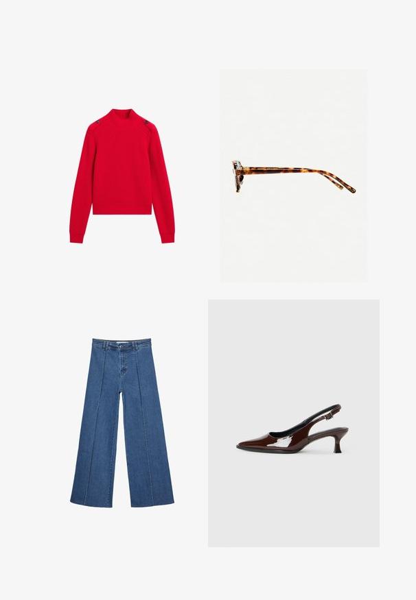 Rød ribstrikket sweater med høj hals, sidelukninger og lange ærmer med tætsiddende manchetter. Korte design.; Bredde ben denim jeans i mellemblå, med høj talje, knaplukning og kontrasterende lodrette sømdetaljer foran.; Brun patenteret læder slingback sko med spids tå og en moderat hæl. Har en spænde rem for en sikker pasform. Glat tekstur.; Skildpaddemønstret solbriller med en tyk ramme, let buede stænger og glat overflade. Har et klassisk design med en blank finish.