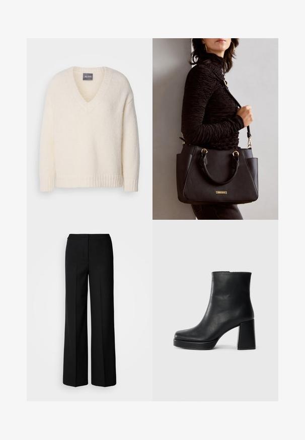 Cream v-neck sweater made from soft, textured material. Features ribbed cuffs and hem. Label reads "Mos Mosh" on the neckline.; Black wide-leg trousers with a smooth fabric, featuring a high waist, tailored seams, and a minimalist design. No visible hardware or pockets.; Black leather ankle boot with a block heel and platform sole, viewed from the side on a plain white background.; Black handbag with textured surface, dual top handles, and adjustable shoulder strap. Features gold-tone hardware and side pockets.