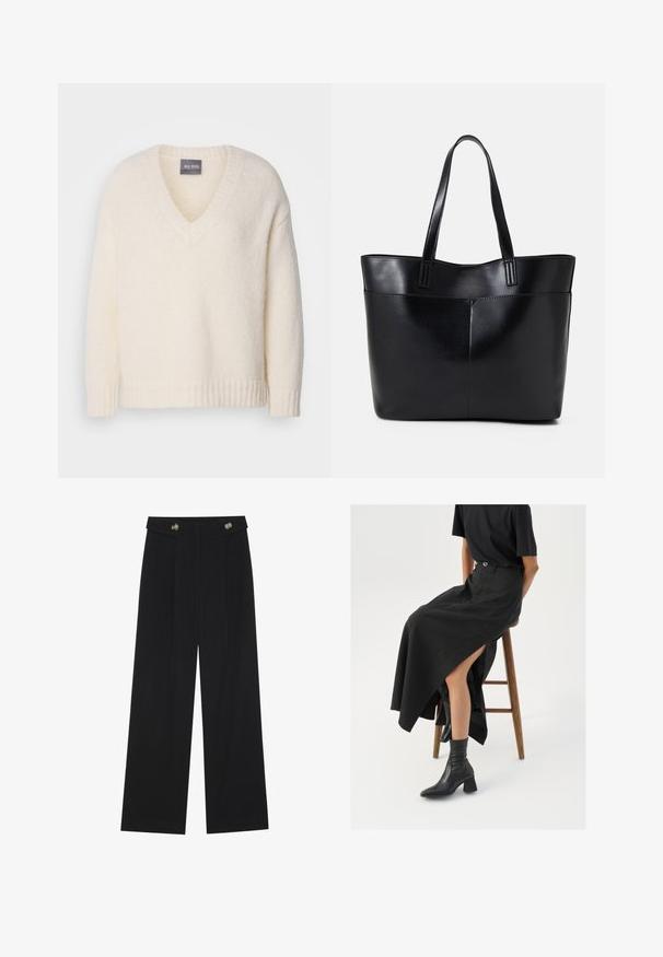 Cream v-neck sweater made from soft, textured material. Features ribbed cuffs and hem. Label reads "Mos Mosh" on the neckline.; Black wide-leg trousers with high waist, button details on waistband, and front pleats.; Black linen maxi skirt with a high slit, worn with a black t-shirt and black ankle boots. Minimalistic design with a relaxed fit.; Black leather tote bag with two long handles, a smooth texture, and a structured shape. Features a front pocket for additional storage.