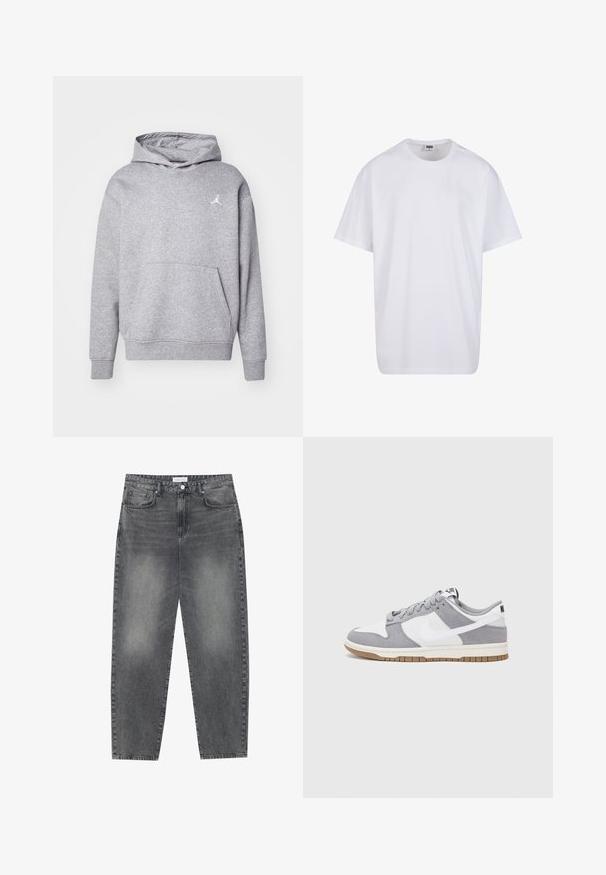 Felpa grigia realizzata in morbido misto cotone, con tasca a canguro, polsini a costine e un piccolo logo bianco sul petto. Design semplice.; Maglietta bianca in cotone con maniche corte, scollatura rotonda, vestibilità comoda e senza loghi o motivi visibili. Texture liscia e design minimale.; Jeans a vita alta, dal taglio ampio in denim nero sbiadito. Presentano cinque tasche, passanti per cintura e un design dritto e pulito.; Sneaker grigia e bianca con tomaia in suede e pelle, punta arrotondata, lacci piatti e soletta in gomma con un accento color caramello.