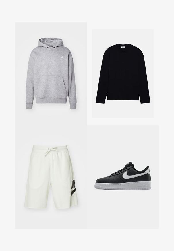 Sudadera gris hecha de una mezcla de algodón suave, con un bolsillo tipo canguro, puños de canalé y un pequeño logo blanco en el pecho. Diseño sencillo.; Camisa negra de manga larga con cuello redondo, hecha de tela suave. Presenta hombros caídos y un ajuste relajado, con aberturas laterales en el dobladillo.; Pantalones cortos de algodón gris claro con una cinturilla elástica, cordón ajustable y un logo negro de Nike en el lado izquierdo.; Zapatilla negra de cuero con superficie texturizada, logo de Nike en blanco, suela gris, puntera redonda y diseño de encaje. Presenta perforaciones en la puntera.