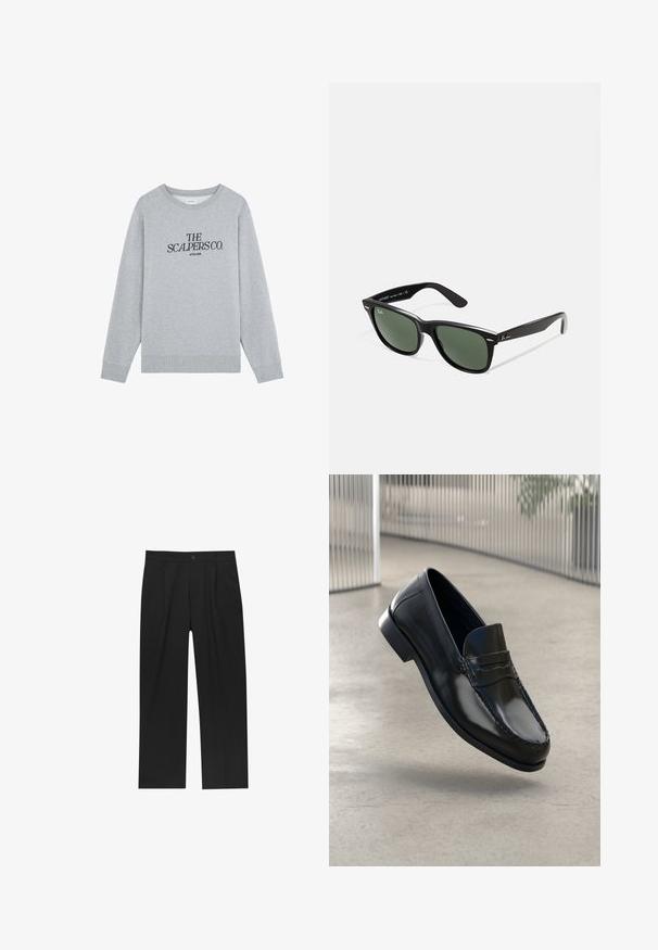 Gray sweatshirt made of cotton with a round neckline, long sleeves, and ribbed cuffs. Features black text: "THE SCALPERS CO. ATELIER."; Black pants with a straight-leg design, made from a smooth fabric. Features front pleats and a single button closure at the waist.; Black leather loafers with a smooth finish, rounded toe, decorative stitching, and a slightly elevated outsole.; Black plastic sunglasses with green lenses, square frames, silver accent on the brow, and textured temple arms. Stated brand on inner arm.