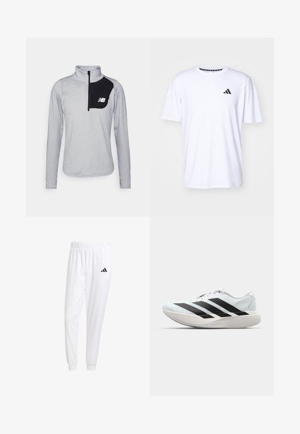 Suéter de color gris claro con medio cierre, que presenta un patrón texturizado, un bolsillo con cremallera negra en el pecho y el logo de New Balance en blanco.; Camiseta blanca de manga corta fabricada con una tela de textura suave. Presenta un logo negro de adidas en el lado izquierdo del pecho y un cuello con un patrón.; Pantalones deportivos blancos de tela suave, con cinturilla elástica y puños ajustados, y un logo negro en el bolsillo trasero.; Zapatillas de running ligeras en azul pálido con rayas negras. Presentan una parte superior suave, puntera redonda y una gruesa mediasuela blanca etiquetada como "LIGHTSTRIKE PRO".