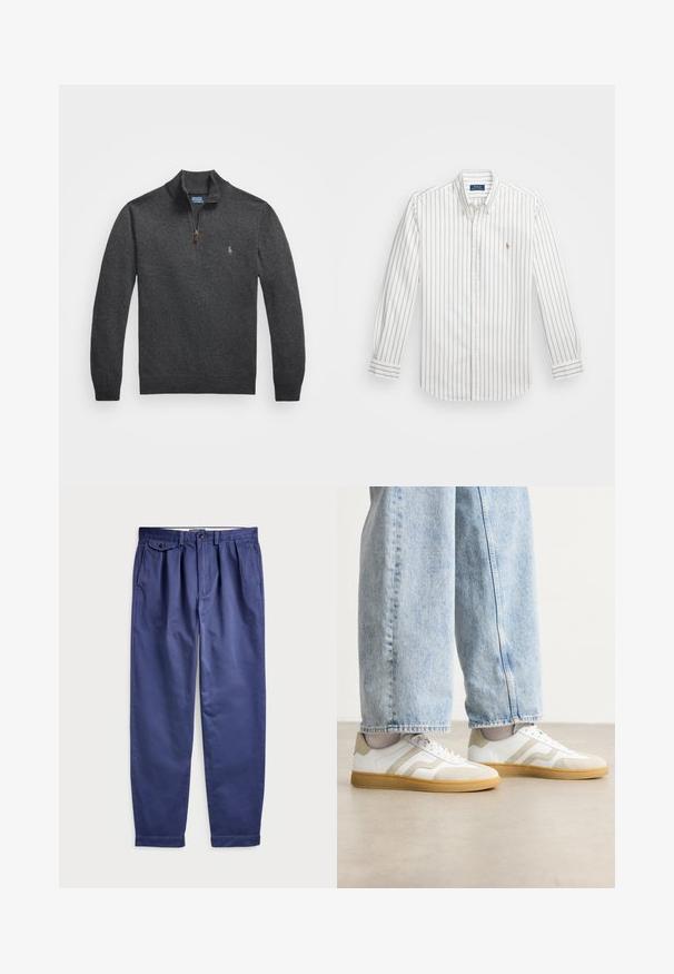 Mörkgrå zip-up tröja i stickad material. Har en hög krage och en liten broderad logotyp på bröstet. Slät ytstruktur.; Vit skjorta med ljusblå vertikala ränder, långa ärmar, knäppt krage och liten broderad logotyp på vänster bröst.; Marina bomullbyxor med avslappnad passform, som har veck framtill, två sidofickor och en knappknäppning i midjan.; Vita sneakers med beige mockadetaljer och ljusa gummisålar; har en låg design och texturerad detalj på ovansidan.