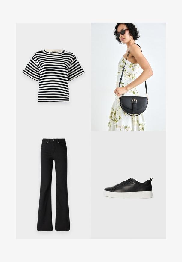 T-shirt listrado com riscas horizontais em azul marinho e branco, mangas curtas, decote redondo e um corte descontraído. Feito de um tecido de algodão macio.; Jeans pretos de perna larga feitos de denim com cintura alta, apresentando cinco bolsos, botão frontal e fecho de zíper, textura suave.; Sapatilha de couro preta de cano baixo com atacadores pretos e sola de borracha branca grossa, vista do lado externo sobre um fundo branco.; Bolsa de couro preta com forma curva, alça destacável e detalhes em dourado. A bolsa possui uma aba com detalhe de fivela.