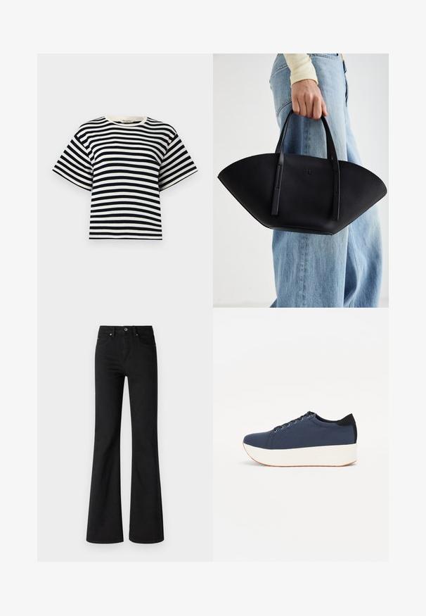 T-shirt rayé avec des rayures horizontales bleu marine et blanches, manches courtes, col rond et coupe décontractée. Fabriqué en coton doux.; Jeans évasés noirs en denim avec une taille haute, comportant cinq poches, une fermeture à bouton à l'avant et une fermeture éclair, texture lisse.; Baskets bleu marine avec un upper en tissu texturé, semelle plateforme blanche, bout arrondi et accent noir au talon. Dispose de six œillets pour les lacets.; Sac à main en cuir noir avec une forme de éventail unique, doté de poignées plates. La surface présente une texture granuleuse et un design minimaliste.