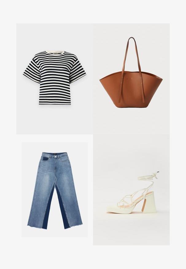 Stripet t-skjorte med navy og hvite horisontale striper, korte ermer, rund hals og avslappet passform. Laget av myk bomull.; Lyseblå vide jeans med kontrasterende mørkeblå paneler, frynset søm og vanlig liv med metallknapp-lukking.; Hvit høyhælte sandal med kraftig hæl, med en stroppe-design og ankelbånd. Glatt tekstur med plattform foran for ekstra høyde.; Brun skinn totebag med en bred, strukturert form, tynne håndtak og en teksturert overflate. Har et minimalistisk design uten synlige detaljer.