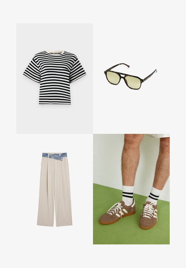 Gestreept T-shirt met marineblauwe en witte horizontale strepen, korte mouwen, een ronde halslijn en een relaxed fit. Gemaakt van zachte katoen.; Lichtbeige wijde broek met een denim tailleband, voorzien van twee knopen en geplooide details aan de voorkant. Gladde textuur en ontspannen pasvorm.; Bruine suède sneakers met witte accenten en veters. Rubberen gumzool. Draag met witte sokken met zwarte strepen. Groene gestructureerde vloer.; Schildpadbril met een rechthoekige vorm, groengetinte lenzen en gepatterde acetaat montuur. Kenmerkt metalen accenten nabij de lenzen.