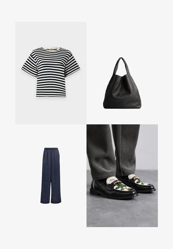 Röstripeeritud t-särk, millel on tumesinine ja valge horisontaalne triip, lühikesed varrukad, ümmargune kaelus ja mugav lõige. Valmistatud pehmest puuvillakangast.; Tumed laiad püksid, mis on valmistatud siledast kangast, elastse vöökohaga ja ilma nähtava metallist detailita. Omavad vaba lõikega ja täispikkust.; Mustad mustad nahast loaferid, mille ülemine osa on kaunistatud rohelise ja valge kangaga. Omab kuldset ahela aksessuaari ja tekstuurset musta tallaga.; Must musträbimine kott kahe käepidemega. Pehme tekstuur, langev disain ja suur, ümar kuju. Ei ole nähtavaid metallosade ega aktsente.