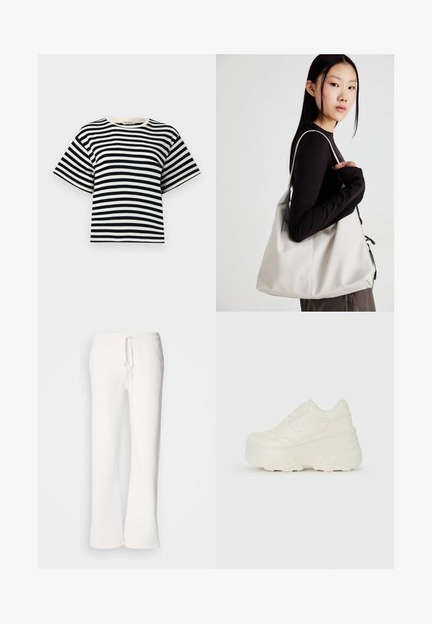 Stripet t-skjorte med navy og hvite horisontale striper, korte ermer, rund hals og avslappet passform. Laget av myk bomull.; Hvite, avslappede joggebukser laget av myk stoff, med elastisk liv med snor og rett ben-design.; Hvite plattformsnickers med en glatt læraktig overdel, avrundet form, polstret krage og teksturert gummisåle med tydelige dekk.; Beige håndveske laget av mykt materiale, med en slapp design, sydd detaljer og to skulderstropper. Passer for daglig bruk.