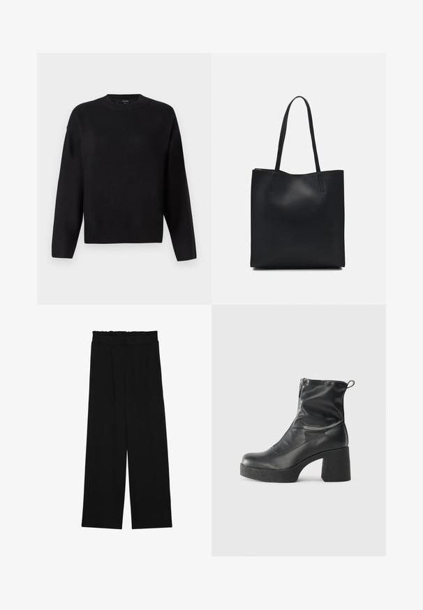 Černý pletený svetr s kulatým výstřihem, spadlými rameny a žebrovanými manžetami. Hladký materiál a uvolněný, boxy střih.; Černé široké nohavice s volánkovým pasem, které mají dvě boční kapsy a hladkou, lehkou tkaninu. Žádné viditelné vzory ani kovové prvky.; Černé kotníkové boty vyrobené z hladké kůže, s bočním zipem, robustním strukturovaným podpatkem a kulatou špičkou.; Černá kožená taška přes rameno s hladkým povrchem, obdélníkovým tvarem a dvěma dlouhými uchy. Žádné viditelné kování ani ozdoby.