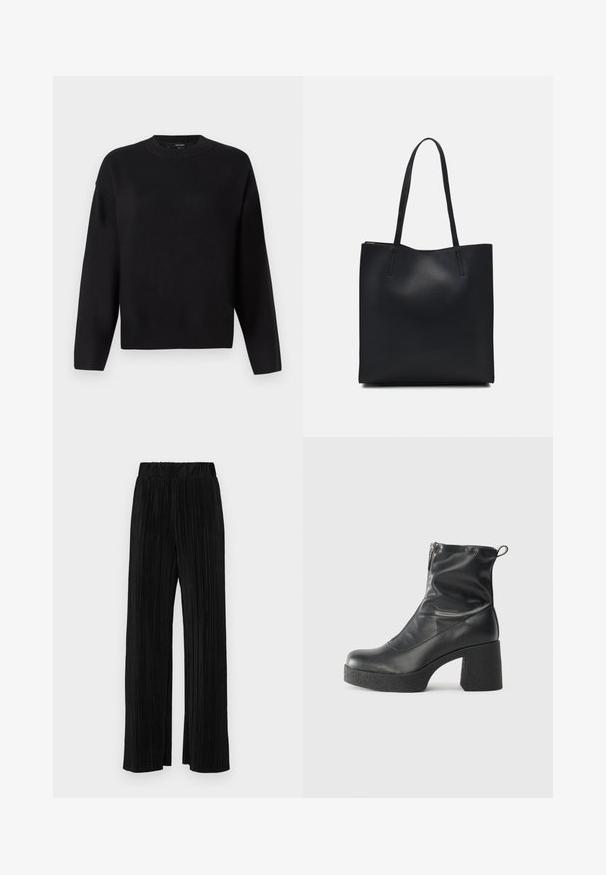 Sweater preto de malha, com decote redondo, ombros caídos e punhos em canelado. Textura suave e um ajuste solto e boxy.; Calças pregueadas pretas com uma cintura elástica. Apresentam pernas largas e um tecido liso, texturizado com riscas verticais.; Botas de tornozelo pretas feitas de couro liso, com fecho lateral, salto grosso texturizado e design de bico arredondado.; Bolsa tote preta em couro com textura lisa, forma retangular e duas alças longas. Sem hardware ou enfeites visíveis.