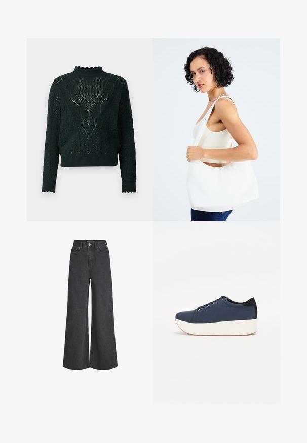 JDY JDYLETTY STRUCTURE - Neule - scarab; Korkeavyötäröiset mustat leveälahkeiset farkut, joissa on etunappi ja vetoketju, viisi taskua ja raakahelma.; Sotilaspunainen tennari, jossa on teksturoitu kangasyläosa, valkoinen alustan pohja, pyöreä kärki ja musta kantapääkorostus. Varustettu kuudella nyörille tarkoitetulla reikällä.; Valkoinen olkalaukku, joka on valmistettu sileästä materiaalista, ja siinä on soikioaukko sekä leveä olkaremmi. Yksinkertainen ja moderni, ilman näkyvää metalliosaa.