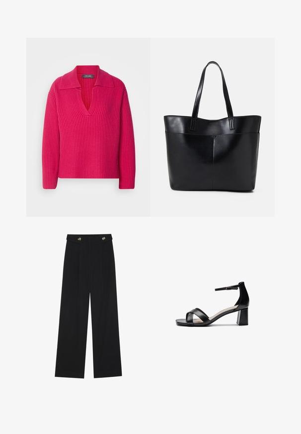 Mos Mosh Πουλόβερ - pink peacock; Μαύρο παντελόνι φόρμας σε φαρδιά γραμμή με ψηλή μέση, κουμπιά στη μέση και πλαϊνές τσέπες.; Μαύρα πέδιλα με ανοιχτή μύτη, με σταυρωτές τιράντες, ρυθμιζόμενη ταινία στον αστράγαλο και χοντρό τακούνι, με απαλό δερμάτινο υφή.; Μαύρη δερμάτινη τσάντα tote με δύο μακριούς ιμάντες, λεία υφή και δομημένο σχήμα. Διαθέτει μπροστινή τσέπη για επιπλέον αποθήκευση.