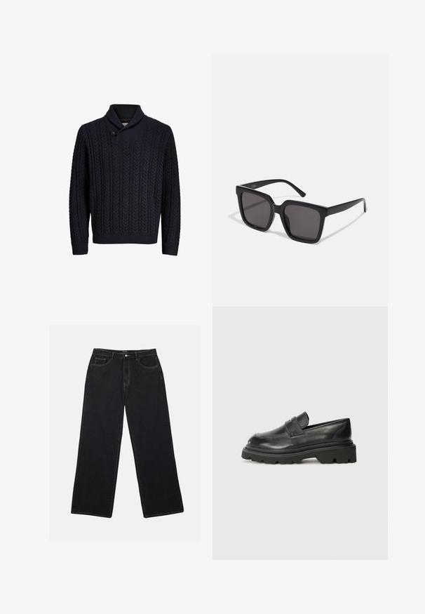 Tumši zila adīta džemperis ar šalli, iezīmēts ar strukturētu cilpu rakstu, vienu pogu aizdari un ribotām piedurknēm un apakšmalu.; Melna džinsu platā stila bikses ar augstu jostasvietu, priekšējiem kabatām un kontrastējošiem šuvēm. Audumam ir gluda, nedaudz teksturēta virsma.; Melnas ādas mokasīni ar noapaļotu purngalu, kuriem ir zema, masīva gumijas zole ar rakstainu protektoru un salocīta jostas detaļa uz purnga.; Melni kvadrātveida saulesbrilles ar tumšiem tonētiem stikliem un gludu, spīdīgu plastmasas materiālu. Roku dizains ir vienkāršs un pagarināts.