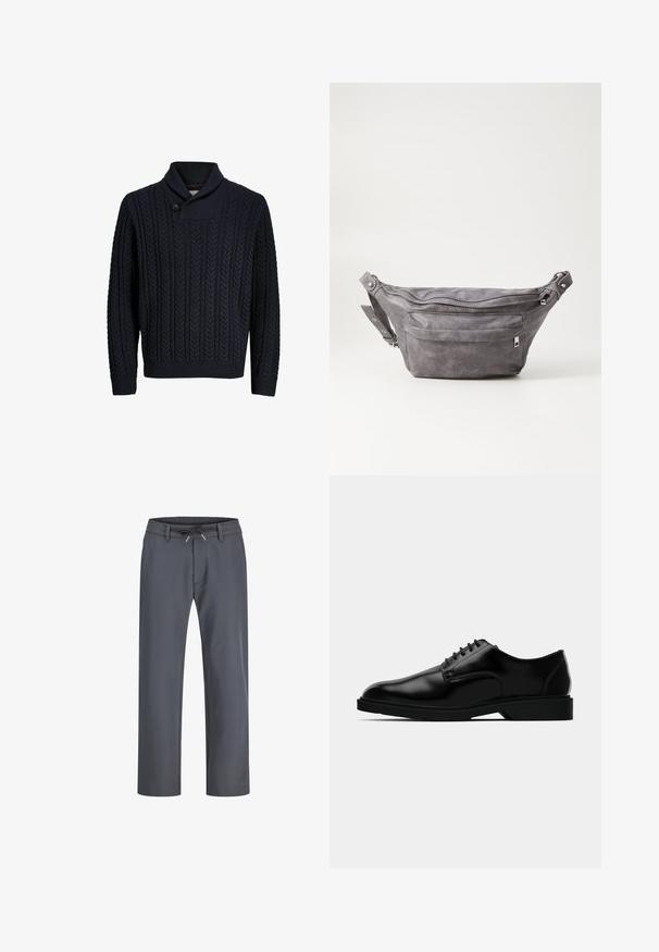 Tumesinine kudumine sviiter, millel on salli krae, tekstuuriga nöörmustrit, ühe nupuga sulgemine ning soonikuga varrukad ja alläär.; Hallid hallid elastse vööga püksid, millel on nööri tõmbamine. Sirge jala disain, valmistatud siledast kangast, millel on minimaalne õmblus ja nähtavat riistvara pole.; Mustad musta nahast kleitking, millel on sile viimistlus, ümmargune varvas, nööriga disain ja tagasihoidlik kummist tald haardeks.; Hallikate nahast vöö kott, millel on ümar kuju, kaks tõmblukuga taskut ning reguleeritav rihm. Varustatud metallist detailide aktsentidega.