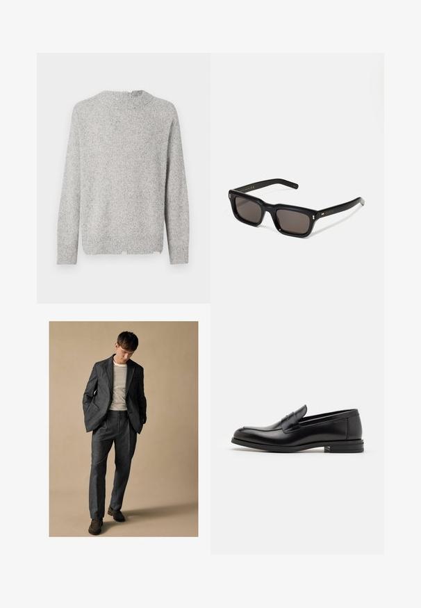 Pulover gri tricotat, cu o finisare texturată, guler rotund și mâneci lungi. Prezintă un tiv drept și variații subtile de culoare.; Costum gri, ajustat, cu rever în formă de denivelare și buzunare în față, asociat cu o cămașă cu dungi. Pantalonii au o croială lejeră și detalii de pliuri. Pantofi maronii.; Mocasini din piele neagră cu o textură netedă, vârf rotund și o curea decorativă peste partea superioară. Toc mic, design minimalist.; Ochelari de soare negri, rectangul care au lentile întunecate, ramă din plastic gros, accente aurii pe brațe și logo-ul brandului gravat pe mâner.