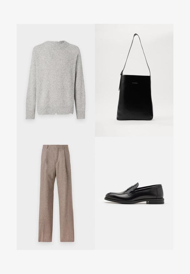 Šedý pletený svetr s texturovaným povrchem, kulatým výstřihem a dlouhými rukávy. Má rovný lem a jemné barevné variace.; Hnědé kalhoty s vysokým pasem vyrobené z texturované látky. Mají široké nohavice a dva přední sklady pro strukturu. Úhledné provedení bez viditelné kovových částí.; Černé kožené polobotky s hladkou texturou, zaoblenou špičkou a zdobným páskem přes nárt. Nízký stohovaný podpatek, minimalistický design.; Černá kožená kabelka na rameno s hladkým povrchem, obdélníkovým tvarem a dlouhým popruhem; na středu má malé bílé logo.