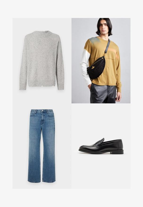 Pull en tricot gris avec une finition texturée, col rond et manches longues. Présente un ourlet droit et de subtiles variations de couleur.; Jean bleu à jambes larges en denim avec une finition délavée. Comprend cinq poches, une fermeture à bouton à l'avant et une coupe droite.; Mocassins en cuir noir avec une texture lisse, bout rond et une sangle décorative sur le dessus. Talon bas empilé, design minimaliste.; Vivienne Westwood CITY BUMBAG UNISEX - Sac banane - black