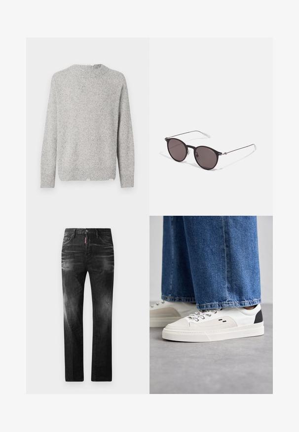 Gray knitted sweater with a textured finish, round neck, and long sleeves. Features a straight hem and subtle variations in color.; Black denim jeans with a straight fit. Features faded areas, minor distressing, classic five-pocket design, and a button closure.; White and black sneakers with a smooth leather upper, textured accents, and a chunky white sole. Features a classic lace-up design.; Black round sunglasses with dark lenses and slim metal arms. Includes clear temple tips and silver accents at the hinge. Minimalist design.