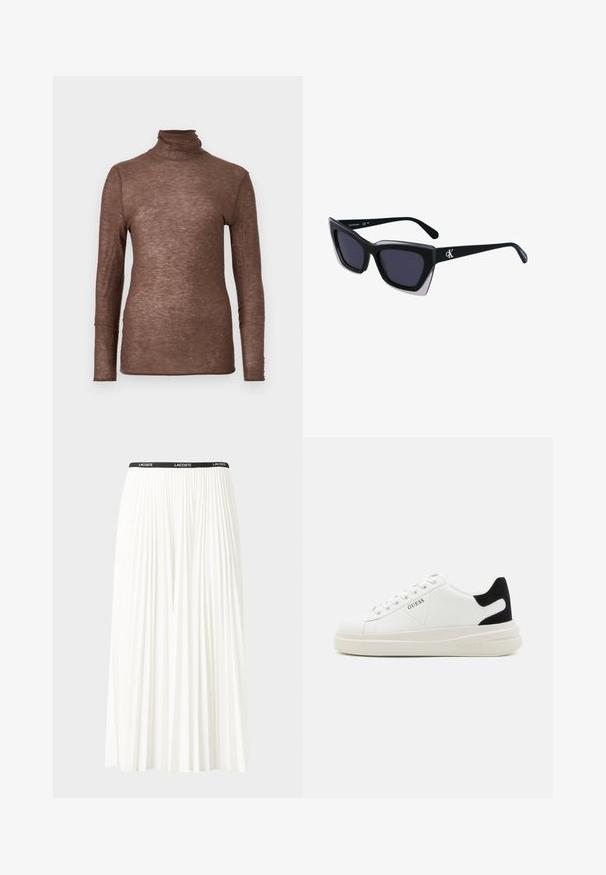 Ruskea pitkähihainen poolopaitatoppi, jossa on istuva malli, valmistettu pehmeästä kankaasta, ja pinnassa on hienovaraisia metallisia täpliä.; Hame valkoinen pliseerattu hame mustalla joustavalla vyötäröhihnalla, jossa on "LACOSTE"-logo. Puolipitkä malli pehmeällä tekstuurilla.; Valkoiset nahkakengät paksulla valkoisella pohjalla, mustalla mokkanahkaosuudella kannassa ja kohokuvioitu logo sivulla. Nauhakeskitys kuudella reiällä.; Mustat ylisuuret aurinkolasit, joissa on geometrinen muoto, tummat linssit ja kehykseen erottuva harmaa yksityiskohta. Logo varressa.