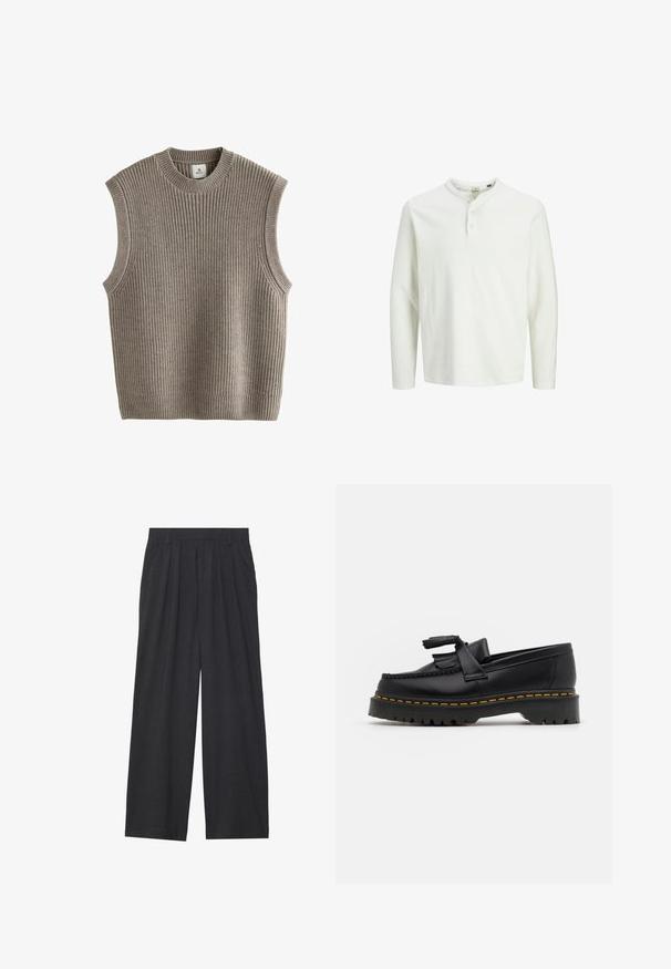 Bežs bezgriezuma dzija svārks ar ribotu tekstūru, apaļu kakla izgriezumu un sānu atvērumiem. Audums šķiet mīksts un elastīgs.; Balts garām piedurknēm henley krekls ar trim pogām un apaļu kakla izgriezumu, izlikts uz vienkārša balta fona.; Platas piegriezuma bikses no tumši pelēka auduma. Iezīmes - izgriezumi jostasvietā, veidota forma un taisna silueta.; Melnas ādas mokasīni ar pērlītēm uzsvaru, ar masīvu melnu zoli un dzeltenu šuvumu gar malu. Ar teksturētu apdari.