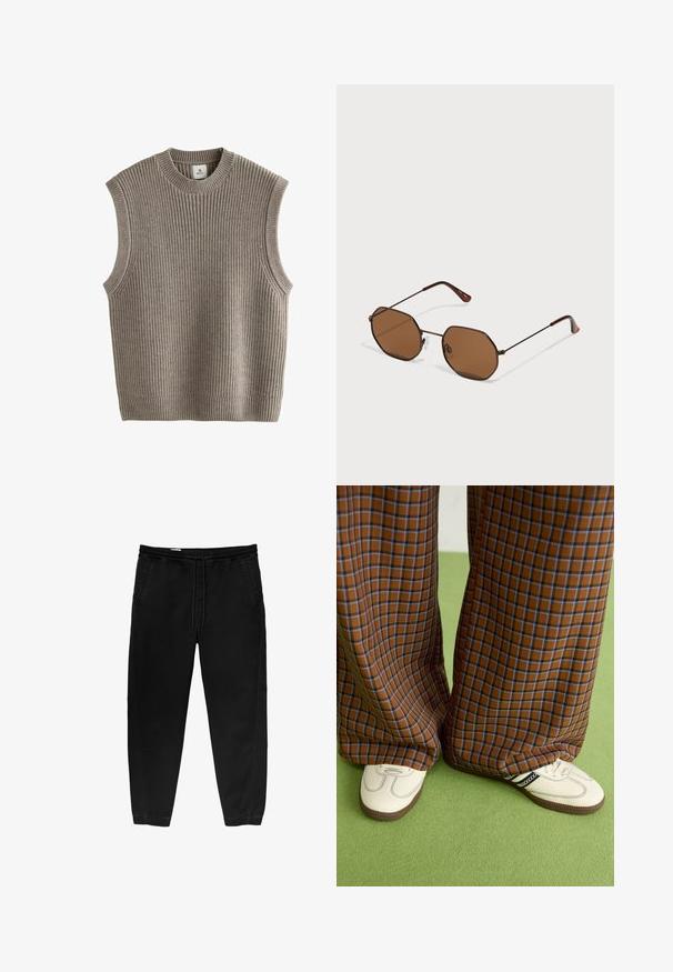 Pulover bej tricotat fără mâneci, cu textură daedică, decolteu rotund și deschideri laterale. Materialul pare a fi moale și elastic.; Pantaloni negri cu talie elastică și șnur, cu picioare conice, buzunare laterale și detalii subtile de coasere pe laterale. Textură moale din bumbac.; Pantaloni largi cu carouri maro și albastru, asociați cu pantofi albi cu accente negre și tălpi texturate, împotriva unui fundal verde.; Ochelari de soare maro, octogonali, cu rame subțiri din metal închis, cu suporturi adjustable pentru nas și lentile maro tonificate; bratele au un accent portocaliu.