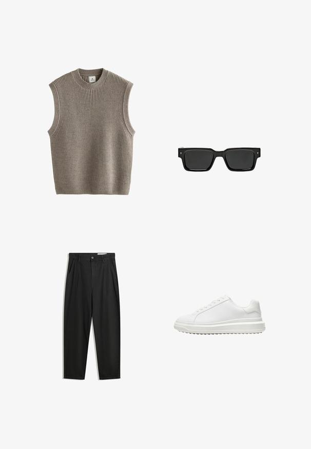 Pull en tricot beige sans manches avec texture côtelée, col rond et ouvertures sur les côtés. Le tissu semble doux et extensible.; Pantalon en coton noir avec une coupe décontractée, dotés d'une taille classique, de plis à l'avant et de poches latérales. Texture lisse sans motifs.; Baskets blanches avec une tige synthétique lisse, bout rond, lacets plats, semelle texturée et un design à plateforme superposée pour plus de hauteur.; Lunettes de soleil noires rectangulaires avec verres foncés, monture en plastique brillant et petites accents de signature sur les branches. Profil plat et angles vifs.