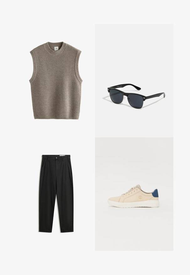 Maglione senza maniche beige in maglia con texture a coste, scollo rotondo e aperture laterali. Il tessuto sembra morbido ed elastico.; Pantaloni in cotone neri con una vestibilità rilassata, dotati di una vita classica, pieghe frontali e tasche laterali. Tessuto liscio senza fantasie.; Sneakers beige in suede, con suola bianca, lacci beige e un dettaglio blu sul tallone. Logo impresso di lato.; Occhiali da sole neri con forma rettangolare, lenti scure, dettagli in argento alle tempie e finitura opaca sulla montatura.