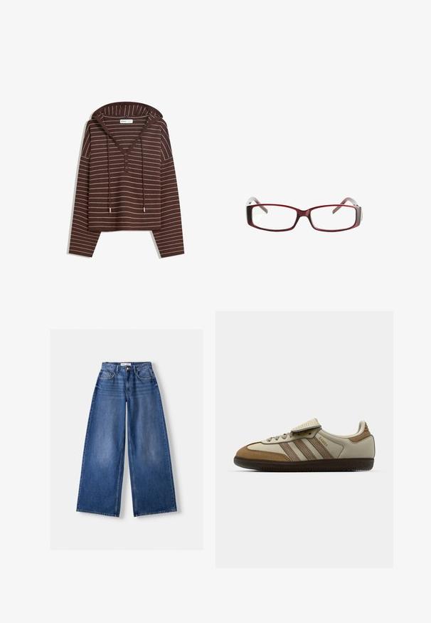 Brązowa, długorękawowa bluzka z kapturem z białymi poziomymi paskami, dekoltem w kształcie litery V na trzy guziki oraz sznurkami przy kapturze, oznaczona marką Bershka.; Stradivarius - Top; Bershka WIDE granatowy; Brązowy i kremowy but sportowy z trzema beżowymi paskami, wykonany z zamszu i skóry, z zapięciem na sznurówki oraz gumową podeszwą. Logo tekstowe po stronie.; Czerwone prostokątne okulary z eleganckim designem. Przezroczyste soczewki, lekko przezroczyste zauszniki oraz efekt gradientu od czerwonego do szarego.