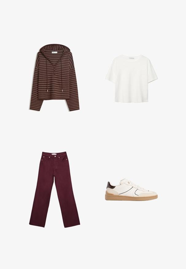 Rjav kapuco z dolgimi rokavi, belimi vodoravnimi črtami, V-izrezom s tremi gumbi in vrvicami na kapuci, označena z Bershka.; Bela kratka majica s kratkimi rokavi iz bombaža. Ima okroglo izrezovanje in sproščen kroj. Gladka tekstura brez vidnih vzorcev ali poudarkov.; Bordo visokokotne traperice s ravnim nogavicam, ki vključujejo sprednje žepke, gumbasto zapiranje in detajle iz bakrenega tona.; Stradivarius Športni copati - white