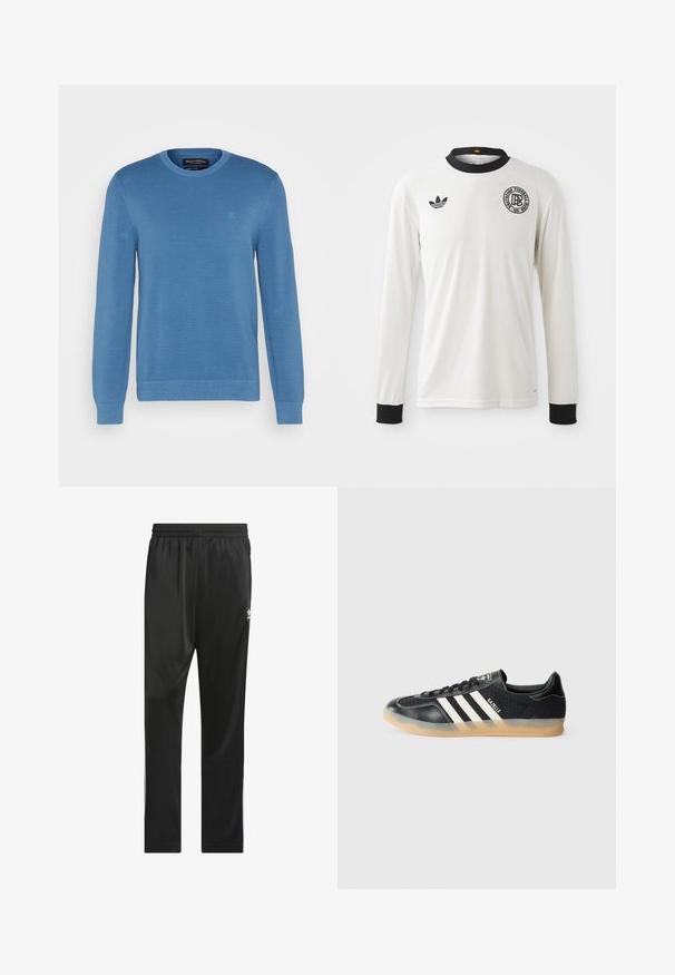 Pullover a maglia azzurro chiaro con scollo tondo, maniche lunghe e tessuto testurizzato. Presenta un piccolo logo nell'angolo in alto a sinistra.; Maglietta da calcio a maniche lunghe bianca con texture a costine, colletto e polsini neri, con logo Adidas nero e emblema grafico circolare.; Pantaloni sportivi neri realizzati in materiale liscio e leggero. Presentano una vita elastica e strisce laterali bianche con un logo sulla coscia.; Sneaker sportivo nero con strisce bianche, tessuto texturizzato, punta in pelle liscia e suola in gomma naturale. Presenta il logo sulla linguetta.