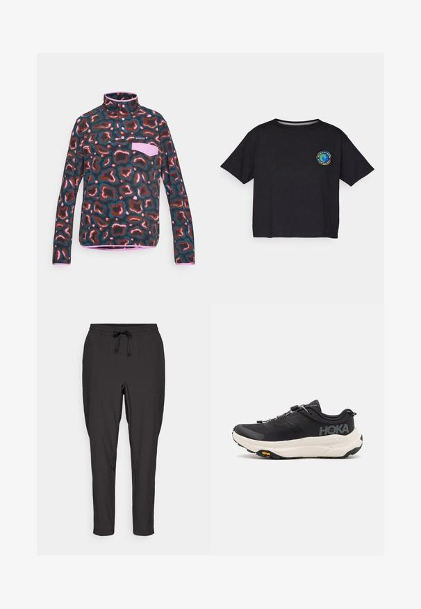 Pullover in pile con colletto alto, caratterizzato da un motivo astratto multicolore nei toni del marrone, teal e rosa. Include una tasca sul petto.; T-shirt nera in cotone a maniche corte con un logo circolare multicolore sul petto. Orlo dritto e vestibilità comoda.; Pantaloni jogger neri con vita elastica, dettaglio con coulisse e tasche laterali. Realizzati in un tessuto liscio e leggero.; Scarpe da ginnastica nere con tomaia in mesh traspirante, suola in gomma, intersuola bianca ammortizzante e lacci riflettenti. Logo Vibram sulla suola.