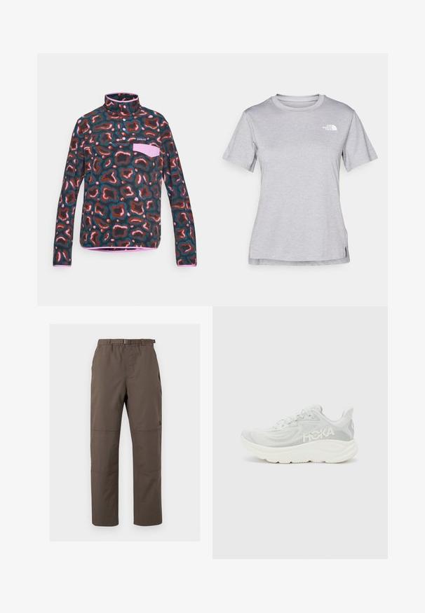 Fleece pullover with a high collar, featuring a multicolored abstract pattern in shades of brown, teal, and pink. Includes a chest pocket.; Grey short-sleeve t-shirt made of soft, moisture-wicking fabric. Features a crew neck and a small white logo on the upper left.; Brown outdoor pants with an elastic waistband and adjustable belt. Features panel stitching and a straight leg design. Durable fabric.; Lightweight running shoe in white and light grey mesh, featuring a thick, cushioned sole and side logo. Minimalist design with textured fabric.