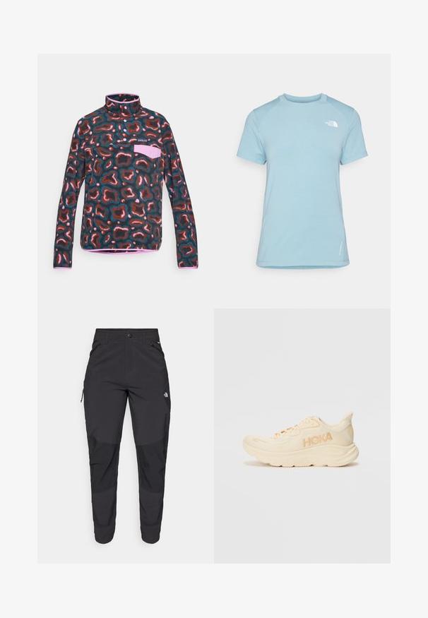 Fleece genser med høy krage, med et multicolor abstrakt mønster i nyanser av brun, teal og rosa. Inkluderer en brystlomme.; Lys blå kortermet t-skjorte med rund hals. Har myk stoff, raglanermer og en hvit logo på øvre venstre bryst.; Svart utendørsbukser laget av slitesterkt stoff. Har glidelåslommer, forsterkede knær og en rett skjæring for bevegelighet.; Lys beige løpesko med overdel i mesh, polstret tunge og teksturert såle. Har "HOKA" merkevare på siden. Rund tådesign.