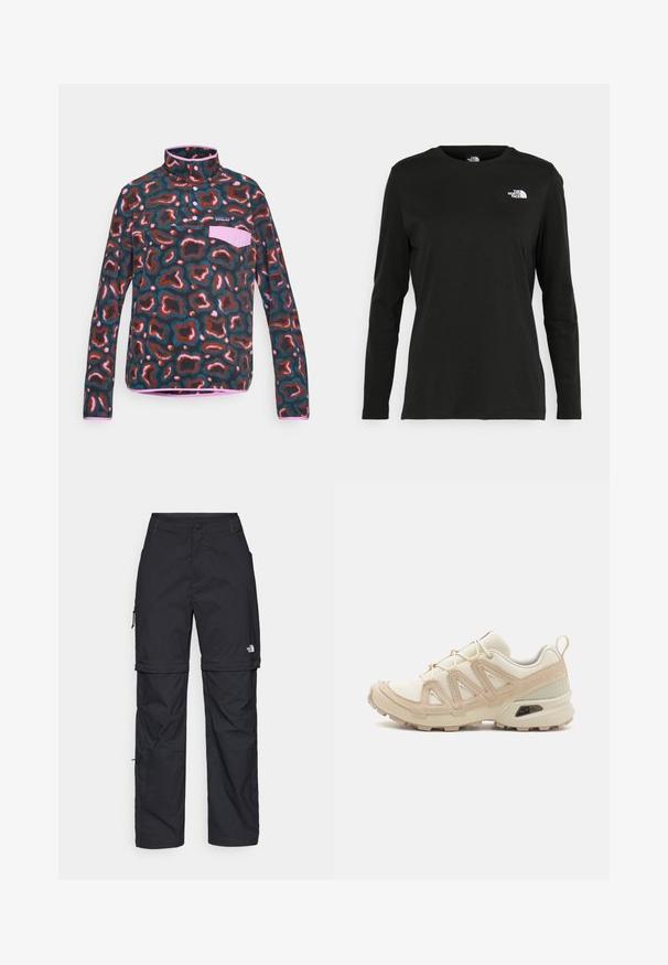 Pullover de polar com colarinho alto, com um padrão abstrato multicolorido em tons de castanho, verde-água e rosa. Inclui um bolso no peito.; T-shirt preto de mangas longas, feito de algodão, com decote redondo. Apresenta um pequeno logótipo branco na área esquerda do peito. Design simples e ajuste confortável.; Calças cargo pretas em nylon com fechos de correr removíveis, punhos ajustáveis, múltiplos bolsos e um logótipo na perna direita. Textura suave e leve.; Sapatilha atlética beige e creme com parte superior em malha texturizada, sobreposições de suporte e sola de borracha com um padrão de cravo para tração.