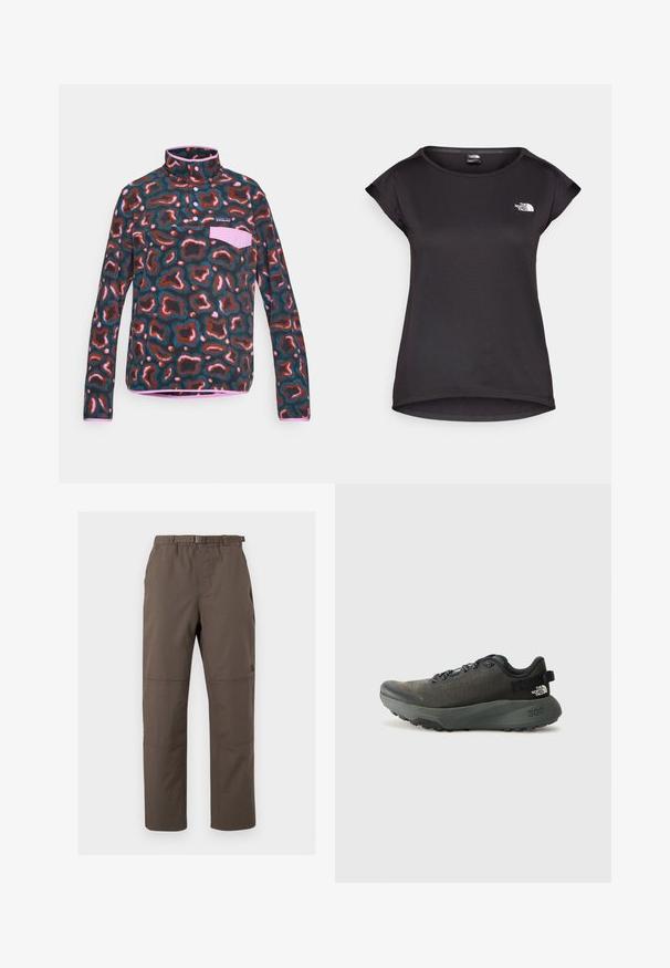 Pulover iz flisa z visokim ovratnikom, ki ima večbarvni abstrakten vzorec v odtenkih rjave, teal in roza. Vključuje žep na prsih.; The North Face TANKEN TANK - Športne majice - black; Rjave športne hlače za zunanje nošenje z elastiko v pasu in nastavljivim pasom. Imajo šive na panelih in ravno obliko. Trajna tkanina.; Temno sivi športni čevelj z teksturirano zgornjico iz blaga, ravnimi vezalkami, ojačanim prstom in debelim, robustnim podplatom za oprijem. Na peti je embosirano število 300.