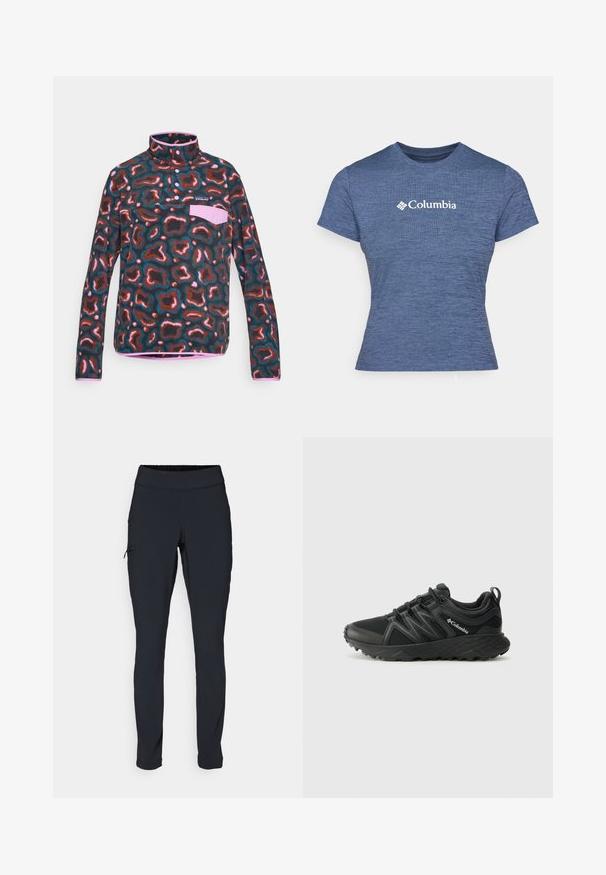 Fliisist kootud pullover kõrge kraega, millel on mitmevärviline abstraktne muster pruunides, teal ja roosa toonides. Sisaldab rinnaosa taskut.; Sinine lühikeste varrukatega t-särk, mis on valmistatud tekstureeritud kangast, millel on rinnal valge Columbia logo, ümmargune kaelus ja liibuva disainiga.; Mustad mustad sportpüksid kitsaste lõikega, elastse vöökoha ja küljetaskuga, millel on tõmblukk. Sile, veniv kangas minimaalsete õmblustega.; Columbia PEAKFREAK - Matkajalatsid - black
