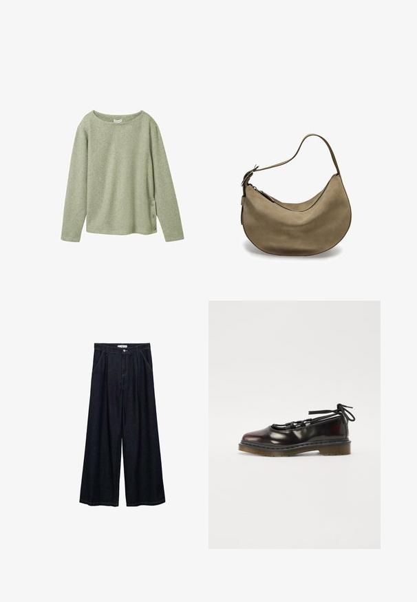 Haut à manches longues côtelé vert clair avec un large col et trois boutons décoratifs sur le côté gauche. Texture douce et coupe décontractée.; Haut à manches longues bleu marine avec des rayures horizontales blanches, encolure ronde et ourlet court. Le tissu semble doux avec une finition texturée.; Pantalons larges en denim foncé avec taille haute, présentant une fermeture à bouton à l'avant, deux poches latérales et des détails de couture.; Chaussure rouge foncé brillante avec un bout rond, un design à lacets, une semelle en caoutchouc et des lacets noirs, dotée de quincaillerie argentée et de bords cousus.; Sac hobo en suédine marron avec une forme incurvée, une bandoulière unique, une fermeture éclair et une texture lisse. Design simple avec des détails matériels minimaux.