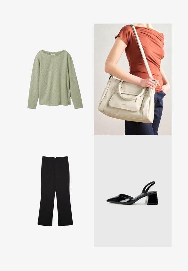 Light green ribbed long-sleeve top with a wide neckline and three button accents on the left side. Soft texture and relaxed fit.; Black trousers with a straight fit, featuring front pockets and side slits at the hem. Made of soft, smooth fabric. Suitable for various occasions.; Black patent leather slingback heels with a pointed toe and a geometric block heel. Features a sleek, minimal design and smooth texture.; White leather handbag with dual handles and a detachable strap, featuring a front zip pocket and smooth texture. Carrying on a person's arm.