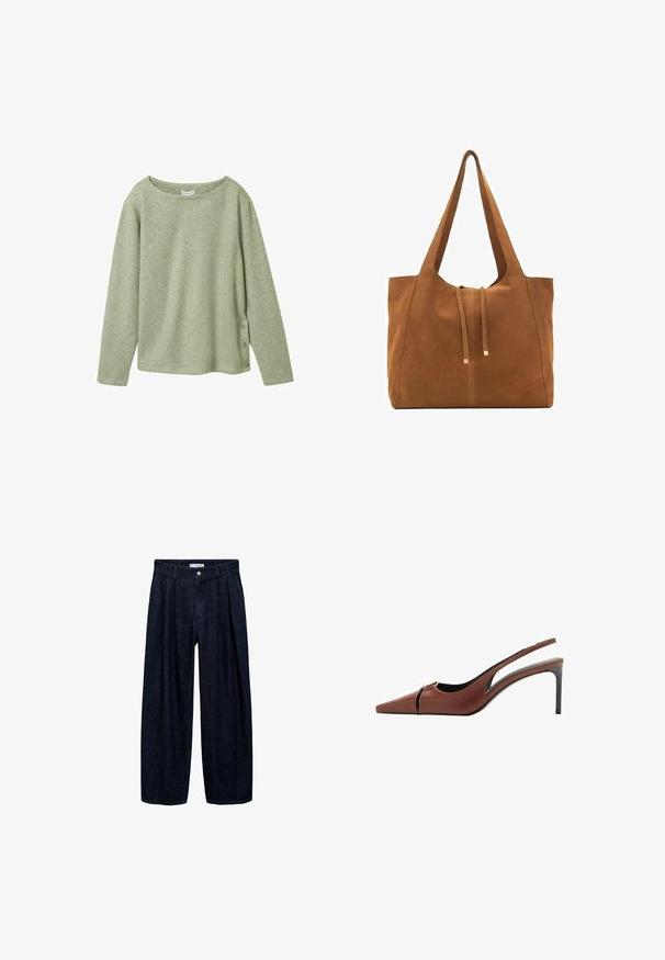 Ljusgrön ruggad långärmad topp med en bred halsringning och tre knappdetaljer på vänster sida. Mjuk textur och avslappnad passform.; Mörk denim vida byxor med veck vid midjan, med en framknapp och bältesögglor. Slät textur och helängdsdesign.; Brun läder slingbackklack med spetsig tå, utskärning vid framv delen och en elegant stilettklack. Slät yta.; Brun mockaläders toteväska med två långa remmar, dragsko-stängning och minimalistisk design. Slät textur och inga synliga metallaccenter.
