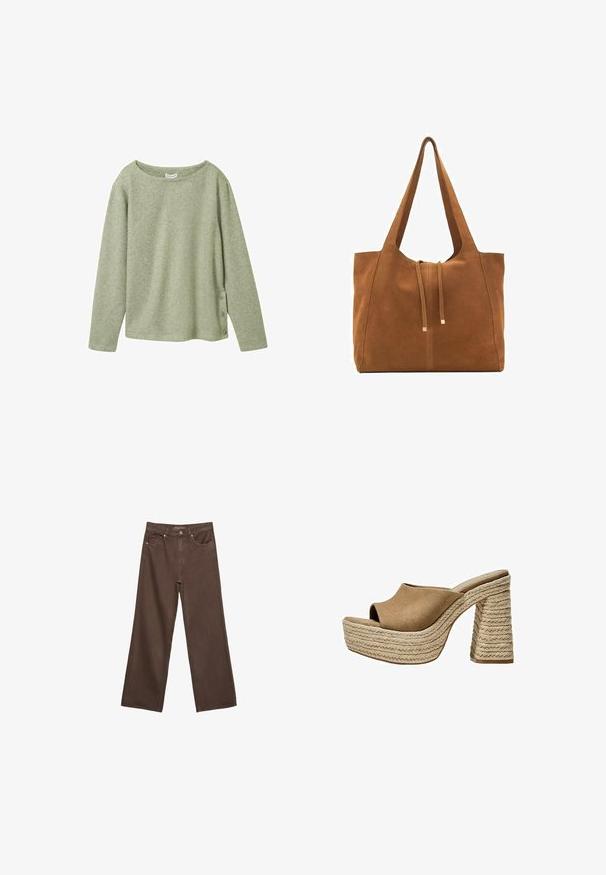 Maglietta a maniche lunghe verde chiaro a coste con scollatura ampia e tre bottoni decorativi sul lato sinistro. Tessuto morbido e vestibilità comoda.; Jeans a gamba larga marroni in denim, con vita alta, tasche anteriori e chiusura a bottone classica. Tessuto liscio con cuciture sottili.; Mule in suede marrone con platform e punta aperta, dotati di un tacco in juta intrecciata chunky e un design superiore liscio e arrotondato.; Borsa a tracolla in suede marrone con due lunghe cinghie, chiusura con cordoncino e design minimalista. Texture liscia e senza elementi hardware visibili.