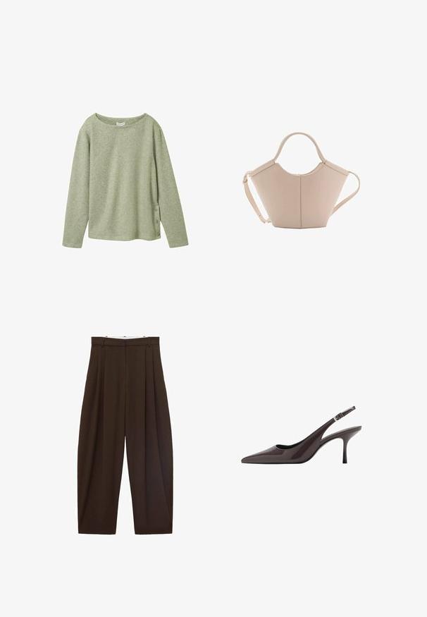 Maglietta a maniche lunghe verde chiaro a coste con scollatura ampia e tre bottoni decorativi sul lato sinistro. Tessuto morbido e vestibilità comoda.; Pantaloni marroni a vita alta con pieghe, realizzati in tessuto morbido. Vestibilità ampia, design a gamba dritta, dotati di passanti per cintura e chiusura con zip.; Décolleté con cinturino in pelle brillante marrone scuro, caratterizzate da un tacco alto e sottile e una cinghia alla caviglia regolabile con fibbia.; Borsa in pelle beige con una forma unica, caratterizzata da due manici corti e una lunga tracolla regolabile. Texture liscia con hardware minimale.