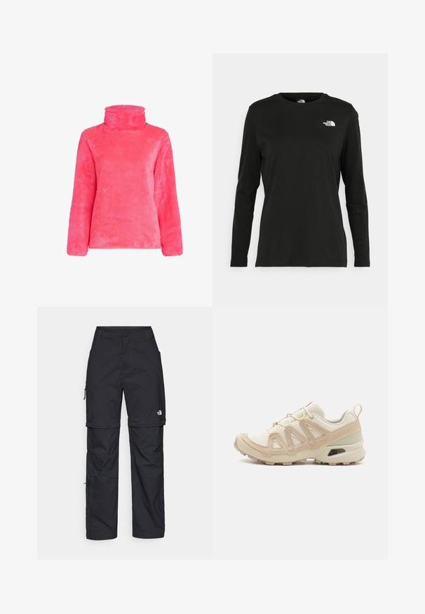 Fuzzy pink pullover with a high neck and long sleeves. Soft texture with a slightly oversized fit, showcasing a smooth, even surface.; Black long-sleeve t-shirt made of cotton with a round neck. Features a small white logo on the left chest area. Simple design and fit.; Black nylon zip-off cargo trousers with adjustable cuffs, multiple pockets, and a logo on the right leg. Smooth, lightweight texture.; Beige and cream athletic shoe with textured mesh upper, supportive overlays, and rubber outsole featuring a tread pattern for traction.