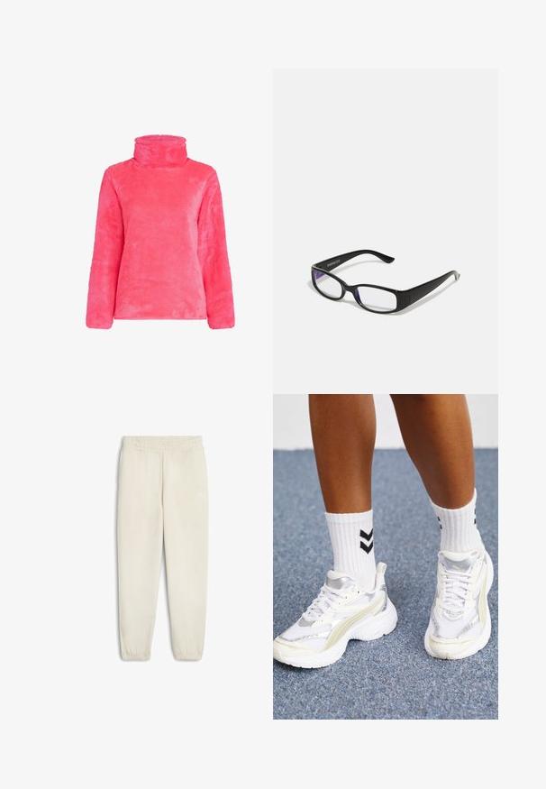 Flauschiger rosa Pullover mit hohem Kragen und langen Ärmeln. Weiche Textur mit einem leicht übergroßen Schnitt, der eine glatte, gleichmäßige Oberfläche präsentiert.; Helle beige Jogginghosen aus weichem Stoff, mit einem elastischen Bund, Bündchen am Knöchel und einem kleinen weißen Logo an der Seite.; Weiße Sneaker mit silbernen Akzenten, aus Mesh-Material und im klobigen Design. Kombiniert mit weißen Socken, die mit schwarzen Chevron-Mustern verziert sind.; Schwarze rechteckige Brille mit klaren Gläsern. Glänzende Oberfläche, schmale Bügel und lila Tönung an den Rändern der Gläser sichtbar.