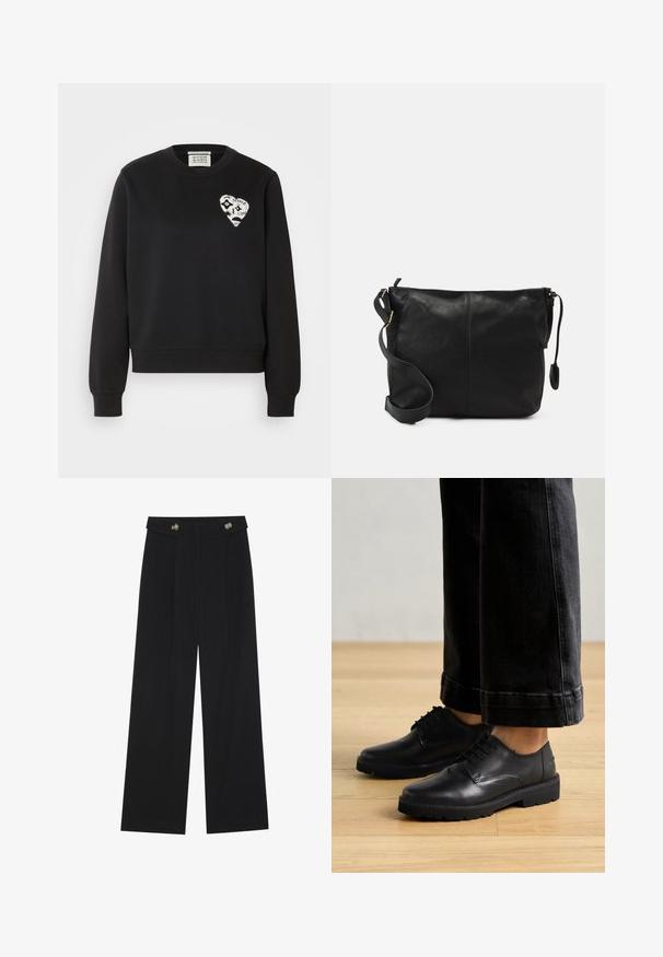 Čierna mikina s okrúhlym výstrihom, dlhými rukávmi a bielym grafickým srdcom na ľavej strane hrude. Materiál z bavlny a syntetiky.; Čierne široké nohavice s vysokým pásom, so zapínaním na gombíky na páse a prednými sklady.; Čierne kožené šnurovacie topánky s hladkým povrchom, zaoblenou špičkou a hrubou gumovou podrážkou, skombinované s skrátenými tmavými džinami.; Čierna kožená crossbody taška s plochým tvarom, zlatými kovovými akcentmi a nastaviteľným popruhom. Hladký povrch s minimálnymi švíkmi.