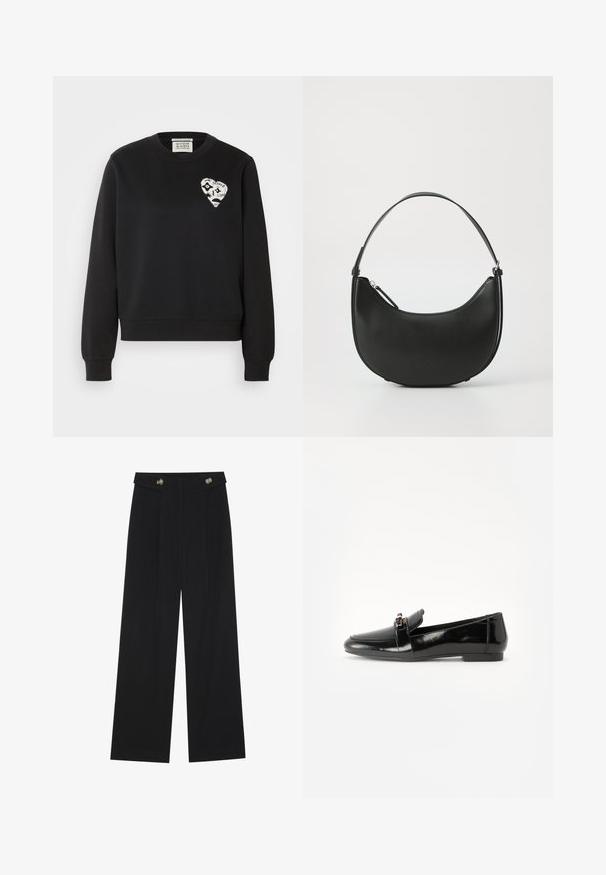 Felpa nera con scollo rotondo, maniche lunghe e una grafica a forma di cuore bianco sul lato sinistro del petto. Materiale in misto cotone.; Pantaloni neri a gamba larga con vita alta, dettagli con bottoni in vita e pieghe frontali.; Mocassino in pelle verniciata nera con suola piatta, punta arrotondata e una fascia decorativa con accento in tonalità oro. Finitura liscia e lucida.; Borsa a spalla in pelle nera con forma curva, manico sottile e chiusura con zip. Presenta una texture liscia e un sottile dettaglio del logo.
