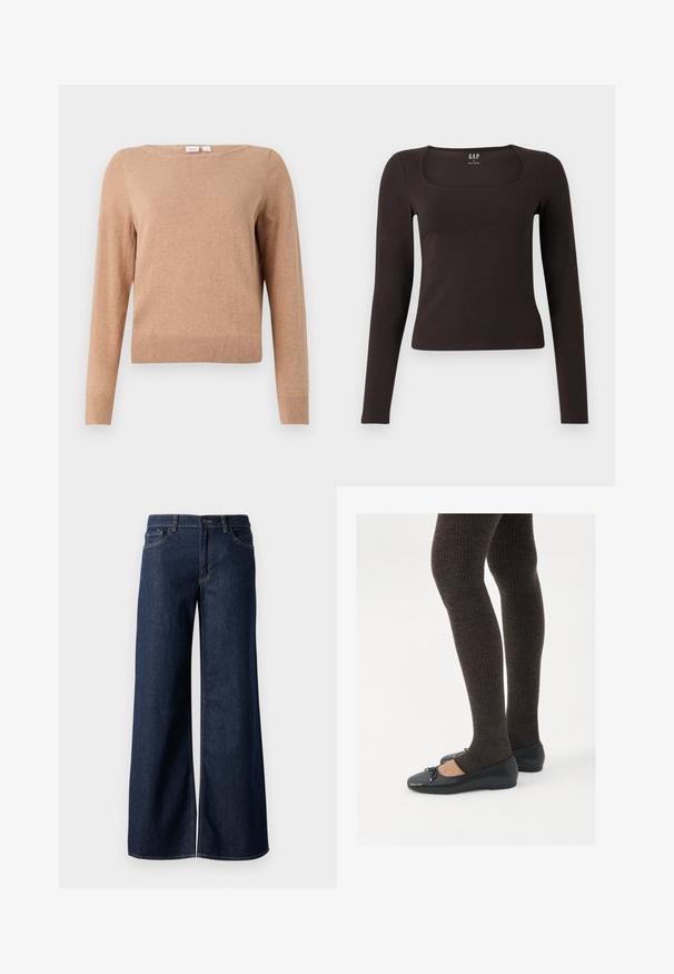 Beige lange mouw trui met ronde hals en geribde onderkant en manchetten, tentoongesteld op een effen lichte achtergrond.; Zwarte lange mouwen, getailleerde top met een vierkante halslijn, gelabeled GAP, weergegeven op een witte achtergrond.; Stijlen met wijde pijpen in donkerblauw denim. Kenmerkt zich door contrasterende stiksels, vijf zakken en een knoopsluiting in de taille. Soepele textuur.; Zwarte platte schoenen met een kleine strikdetail op de neus, gecombineerd met donkerbruine geribbelde panty’s. De schoenen hebben een gladde textuur en een lage profiel.